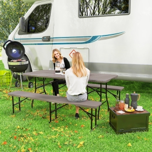 Outsunny 6FT 3PCS Faux Rattan Outdoor Camping Table Bench Set with Carrying Handles, Folding Picnic Table with 2 Benches, Brown