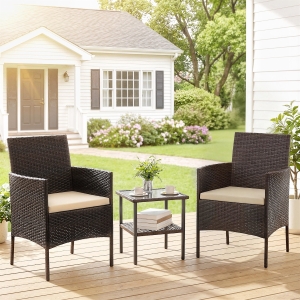 Outsunny Wicker Bistro Set, 3 Piece Patio Furniture Set with 2-Tier Glass Top Table, Cushions for Balcony, Porch, Khaki