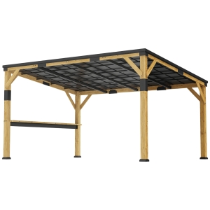 Outsunny 10' x 14' Wooden Gazebo, Hardtop Lean-to Gazebo Pergola with Galvanized Steel Sloped Roof, Bar Shelf, Natural Wood