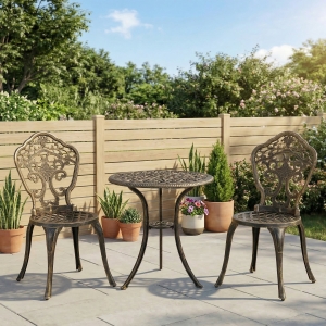 Outsunny Outdoor 3 Piece Garden Bistro Set, 2 Chairs and A Round Coffee Table with Parasol Hole for Balcony, Patio, Bronze