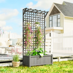 Outsunny Wood Planter with Trellis for Vine Climbing, Raised Garden Bed, Privacy Screen for Backyard, Patio, Deck, Dark Grey