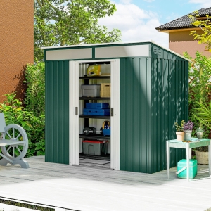 Outsunny 6.5x4FT Galvanised Metal Shed with Foundation Kit, Lockable Garden Tool Storage House with Sliding Doors, Vents, Green