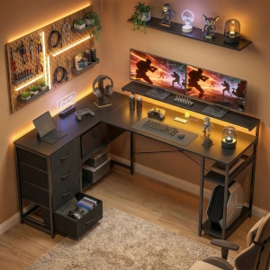 HOMCOM Gaming Desk with Power Outlets LED Lights Computer Desk with Drawers Monitor Stand 61" Black