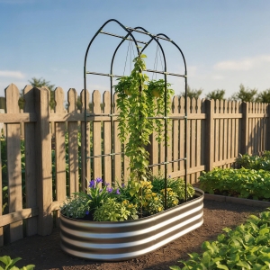 Outsunny Galvanised Raised Garden Bed with Arched Trellis, 5 x 3 x 6ft Metal Outdoor Planter Box with Open Bottom, Silver