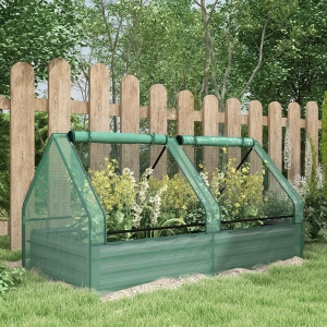 Outsunny 6' x 3' Metal Planter Box with Cover, Raised Garden Bed with Mini Greenhouse for Herbs, Vegetables, Green and Dark Grey
