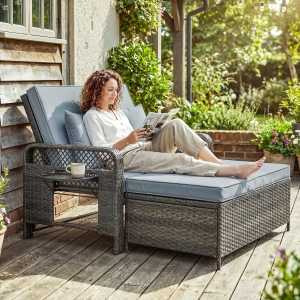 Outsunny 2 Pieces Patio Lounge Chair Set with Cushions, PE Wicker Outdoor Chaise Lounge with Adjustable Backrest, Side Trays