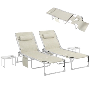 Outsunny Tanning Chair Set of 2 with Face Hole and Side Table, 5-Position Folding Outdoor Chaise Lounge Chair, Beige