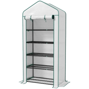 Outsunny 5 Tier Mini Greenhouse, Small Portable Greenhouse with PE Cover, Roll-Up Zippered Door, 76" x 35.4" x 19.3", White