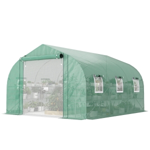 Outsunny 10'x11'x6' Walk-in Tunnel Greenhouse with Shelves, Mesh Door and Windows, Plant Hot House with PE Cover, Green