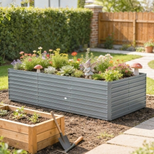 Outsunny 8' x 4' x 2' Raised Garden Bed, Galvanized Planter Box for Growing Flowers, Herbs and Vegetables, Light Grey