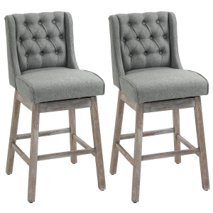 HOMCOM Bar Height Bar Stools Set of 2, 180 Degree Swivel Barstools with Solid Wood Footrests and Button Tufted Design, 30" Seat Height Bar Chairs for Kitchen Island, Gray