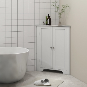 kleankin Modern Bathroom Storage Cabinet, Corner Cabinet with Doors, Bathroom Cabinet with Adjustable Shelf and Recessed Door, White