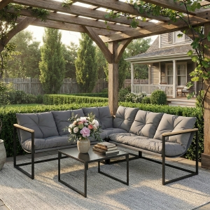 Outsunny 4 Piece Patio Furniture Set with Thick Cushions and Coffee Table, Patio Conversation Set for Porch, Balcony, Deck, Grey