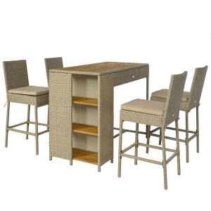 Outsunny 5 Piece Wicker Outdoor Bar Set, Acacia Wood Outdoor High Top Table and Chairs with 3 Tier Shelves, Cushions, Brown