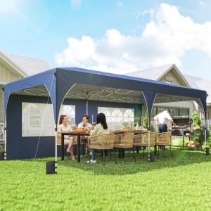 Outsunny 10 x 20 ft Pop Up Canopy Tent with Reflective Strips, UPF 50+ Easy up Instant Canopy with 6 Sandbags, Dark Blue