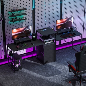 HOMCOM 96 Inch Gaming Desk, Dual Computer Desk for 2 Person with Power Outlets and Monitor Stands, Black