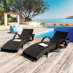 Set of 2 Outdoor Lounge Chairs with Pull‑Out Side Table, Ergonomic Recliners with 5‑Level Adjustable Backrest, 80'' L x 27'' W x 36'' H, Black