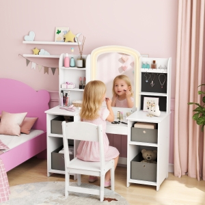 Qaba Kids Vanity Table and Chair, Toddler Dressing Table and Chair Set with Lighted Mirror for Little Girls, White