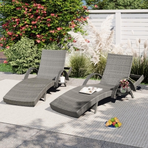 Set of 2 Outdoor Wicker Chaise Lounge with Adjustable Backrest, Ergonomic Recliners with Pull-Out Side Table, 80'' L x 27'' W x 36'' H, Grey