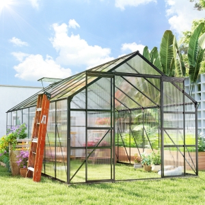 Outsunny Aluminum Greenhouse Polycarbonate Walk-in Garden Greenhouse Kit with Rain Gutter and Sliding Door, 16' x 8', Dark Grey