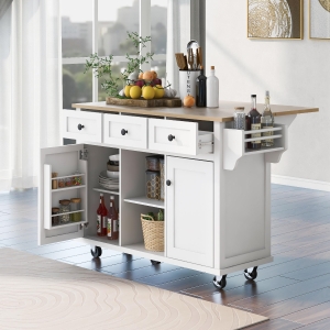 Rolling Kitchen Island Cart with Adjustable Removable Shelves, Durable Storage Cart with Convertible Feet, 53'' L x 29.5'' W x 37'' H, White