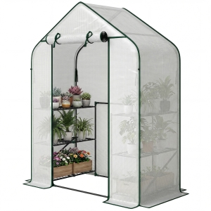 Outsunny Greenhouse for Outdoors, Portable Greenhouse with 6 Shelves, UV-Resistant PE Cover, Roll-Up Door, White