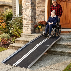 HOMCOM 10ft Wheelchair Ramp, 600lbs Capacity Non-Slip Aluminum Folding Handicap Ramp with Reinforced Welded Hinges, for Home Steps, Cars, Scooters and Stairs
