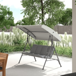 Outsunny 3-Seat Patio Swing Chair, Outdoor Porch Swing Glider with Adjustable Canopy, Light Grey
