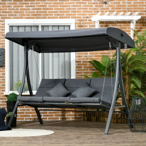 Outsunny 3-Person Patio Swing Chair, Outdoor Porch Swing Bench with Adjustable Canopy, Cushioned Seat, Dark Grey