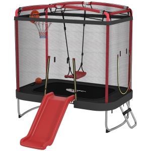Qaba 4 x 6FT Trampoline for Kids Indoor & Outdoor with Slide, Swing, Basketball Hoop and Safety Enclosure, Red