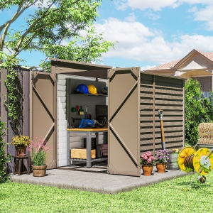 Outsunny 4.6' x 9' Steel Outdoor Storage Shed, Lean to Shed, Metal Tool House with Foundation Kit, Lockable Doors, Gloves and 2 Air Vents for Backyard, Patio, Lawn, Brown