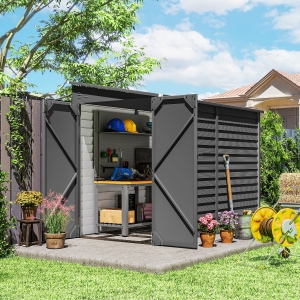 Outsunny 4.6' x 9' Steel Outdoor Storage Shed, Lean to Shed, Metal Tool House with Foundation Kit, Lockable Doors, Gloves and 2 Air Vents for Backyard, Patio, Lawn, Dark Grey