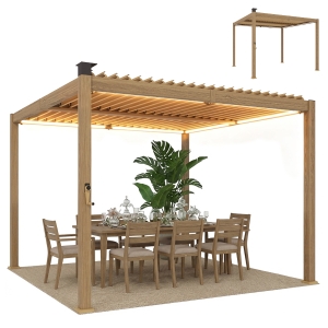 Outsunny 10' x 10' Louvered Pergola with Solar LED lights, Metal Roof, Outdoor Pergola Patio Gazebo with Drainage Gutters, Brown