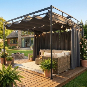 Outsunny 10' x 10' Retractable Pergola Canopy, Outdoor Pergola with Curtains, Metal Garden Gazebo Sun Shade Shelter for Patio