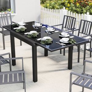 Outsunny Aluminum Expandable Outdoor Dining Table with Tempered Glass Tabletop and Aluminum Frame, for Garden, Backyard, Black