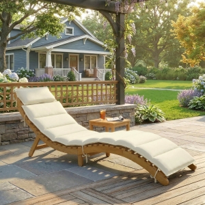 Outsunny Folding Chaise Lounge Chair Outdoor, Acacia Wood Lounger Tanning Chair with Cushion, Headrest, Cream White