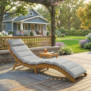 Outsunny Folding Chaise Lounge Chair Outdoor, Acacia Wood Lounger Tanning Chair with Cushion, Headrest, Light Grey