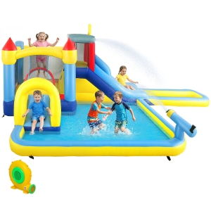 Qaba 6 in 1 Inflatable Water Slide Park with Splash Pools, 2 Slides, Trampoline, Climbing Wall, Cannon, Basketball Hoop