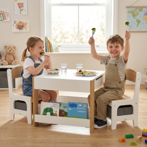 Qaba 3 Piece Kids Table and Chair Set with Reversible Tabletop, Blackboard, Storage, Bookshelf, for Playroom, Nursery Natural