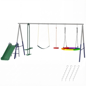 Qaba 5-in-1 Kids Swing Set with Slide, Swings and Glider for Backyard, 770lbs Capacity, for Ages 3-8, Mixed Color