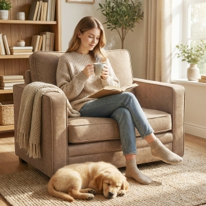 HOMCOM Accent Chair, Velvet-feel Fabric Armchair with Wide Seat, Spring Cushion, Solid Wood legs, Brown