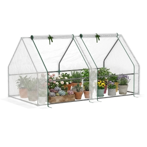 Outsunny Portable Mini Greenhouse, Outdoor Garden with Large Zipper Doors and Water/UV PE Cover, 6' x 3' x 3', White