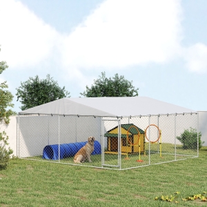 PawHut 14.8' x 14.8' x 7.1' Dog Kennel Outdoor for Small Medium Large Dogs with Waterproof Cover, Silver