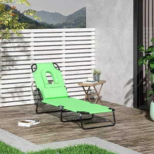 Outsunny Folding Chaise Lounge Chair, Reclining Beach Tanning Chair with Face Hole, Pillow, 4-Position Adjustable Lay Flat Sun Lounger, Steel Frame for Outdoor Patio Pool, Green