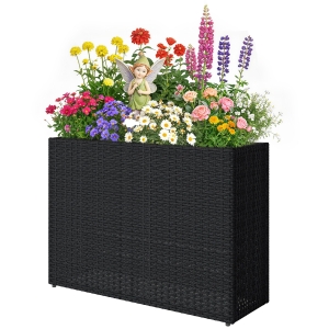 Outsunny Tall Rectangular Planter with Removable Liner, Holes, PE Wicker Large Planter Box for Indoor Outdoor Plants, Black