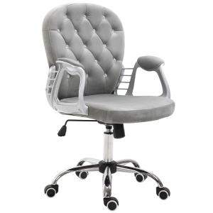 Vinsetto Velvet Home Office Chair, Button Tufted Desk Chair with Padded Armrests, Adjustable Height and Swivel Wheels, Gray