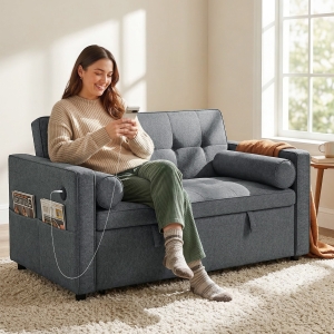HOMCOM Pull Out Sofa Bed, Sleeper Sofa Couch with USB Ports, Small Linen Loveseat Futon Couch for Living Room, Dark Grey