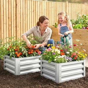 Outsunny 2Pcs 2' x 2' x 1' Galvanized Raised Garden Bed Kit, Square Outdoor Metal Planter Box with Open Bottom for Vegetables, Flowers, Herbs, Silver