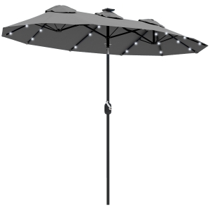 Outsunny Double-sided Patio Umbrella, 9.7' Outdoor Umbrella with Tilt and Crank, LED Solar Light and 12 Ribs, Gray