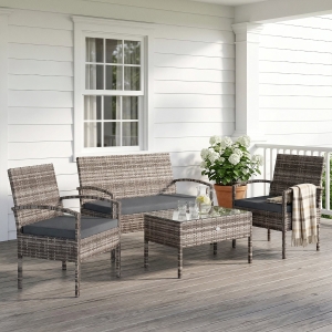Outsunny 4 Pieces Patio Furniture Set with A Loveseat, Two Armchairs and A Coffee Table, Outdoor Conversation Set, Dark Grey